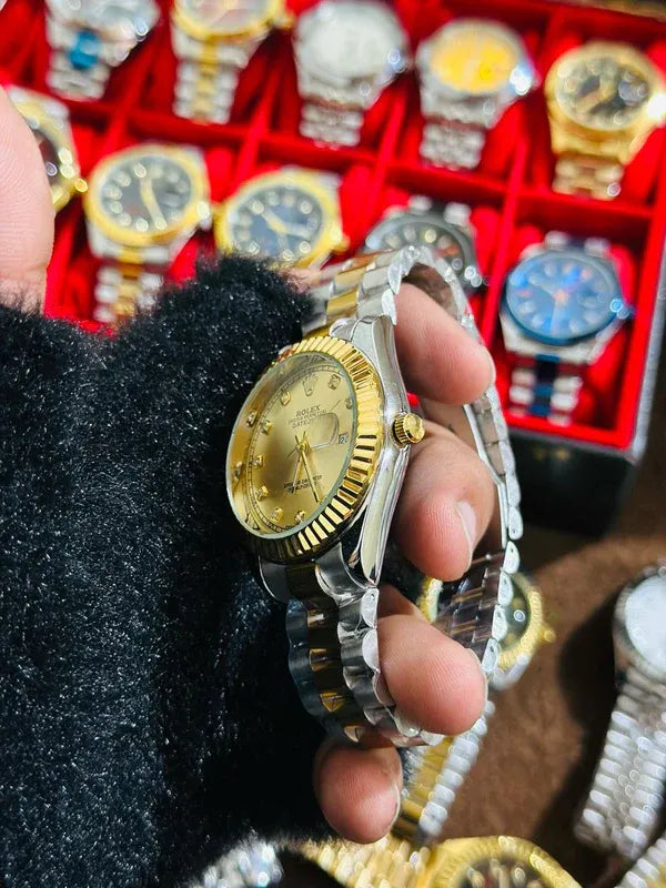 ✨Gold Silver + Gold Dial (Bezel Cut) | | Waterproof Day Date | Stainless Steel | Subhan Watches