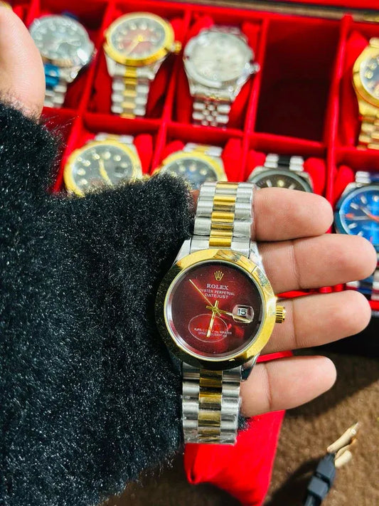 🔴 Gold & Silver + Red Dial (Plain) | Waterproof | Stainless Steel | Subhan Watches