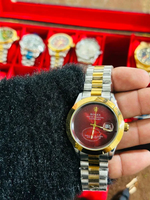 🔴 Gold & Silver + Red Dial (Plain) | Waterproof | Stainless Steel | Subhan Watches