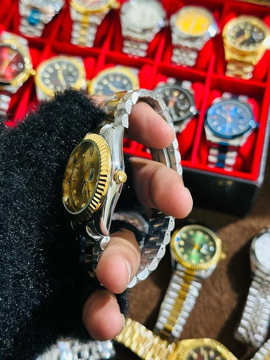 ✨Gold Silver + Gold Dial (Bezel Cut) | | Waterproof Day Date | Stainless Steel | Subhan Watches