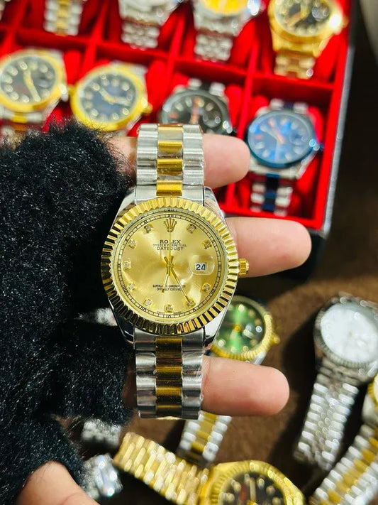 ✨Gold Silver + Gold Dial (Bezel Cut) | | Waterproof Day Date |  Stainless Steel | Subhan Watches