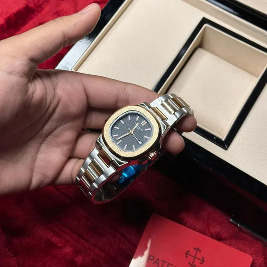 🖤 Patek Philippe Two-Tone – Silver & Gold + Black Dial | Waterproof| Subhan Watches