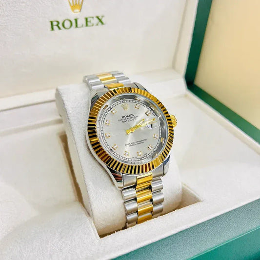 🤍 Gold & Silver + White Dial (Bezel Cut) | Waterproof | Stainless Steel | Subhan Watches