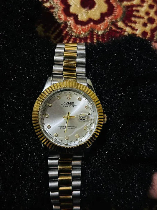 🤍 Gold & Silver + White Dial (Bezel Cut) | Waterproof | Stainless Steel | Subhan Watches