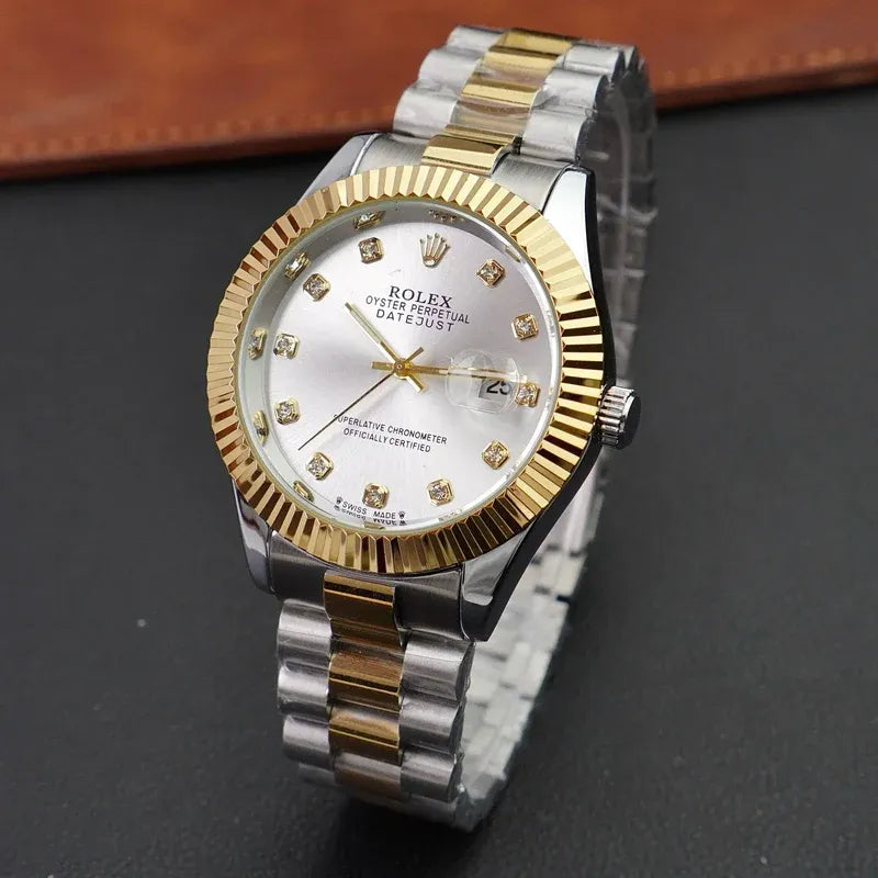 🤍 Gold & Silver + White Dial (Bezel Cut) | Waterproof | Stainless Steel | Subhan Watches
