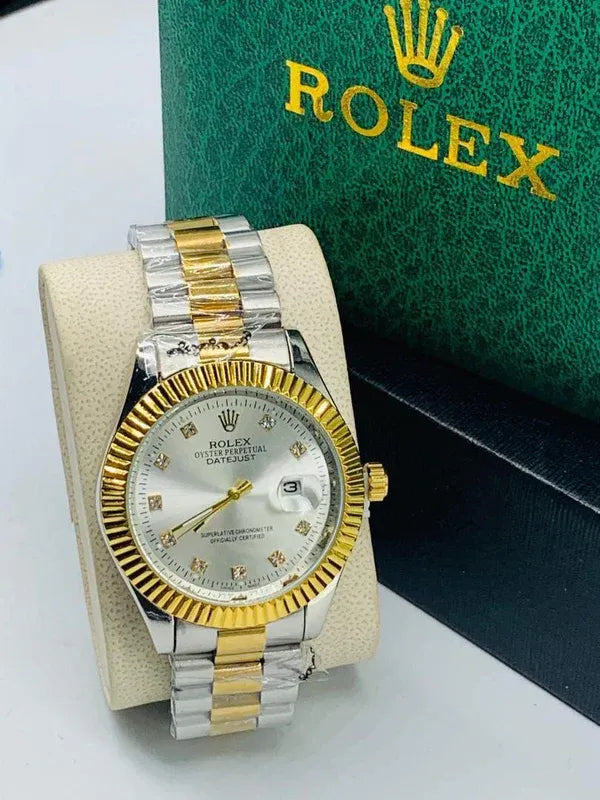 🤍 Gold & Silver + White Dial (Bezel Cut) | Waterproof | Stainless Steel | Subhan Watches