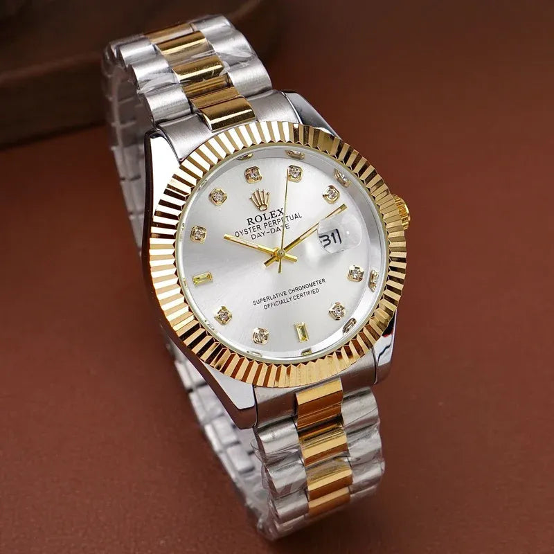🤍 Gold & Silver + White Dial (Bezel Cut) | Waterproof | Stainless Steel | Subhan Watches