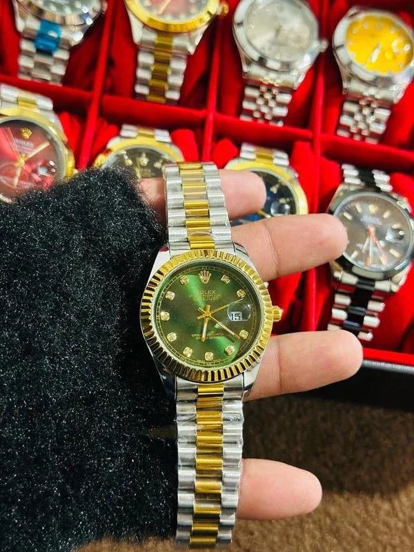💚  Gold Silver + Green Dial (Bezel Cut) | Waterproof| Stainless Steel | Subhan Watches