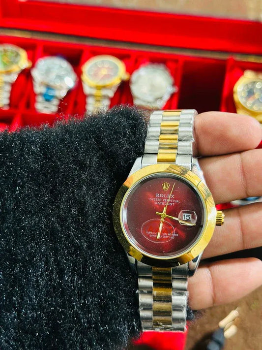 🔴 Gold & Silver + Red Dial (Plain) | Waterproof | Stainless Steel | Subhan Watches
