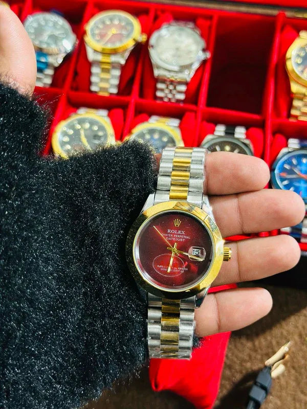 🔴 Gold & Silver + Red Dial (Plain) | Waterproof | Stainless Steel | Subhan Watches