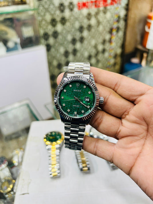 Silver+Green Bezul Cut_Water Proof Watch|Subhan Waches